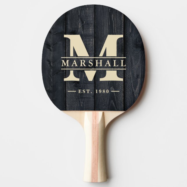 Dark Burnt Wood Monogram & Name Overlay Ping Pong Paddle (Front)