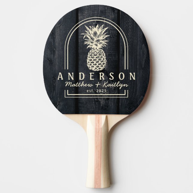 Dark Burnt Wood Pineapple Wedding Arch & Name Ping Pong Paddle (Front)