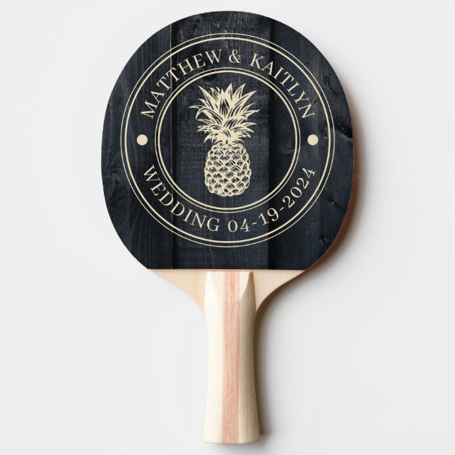 Dark Burnt Wood Pineapple Wedding Names Ping Pong Paddle (Back)
