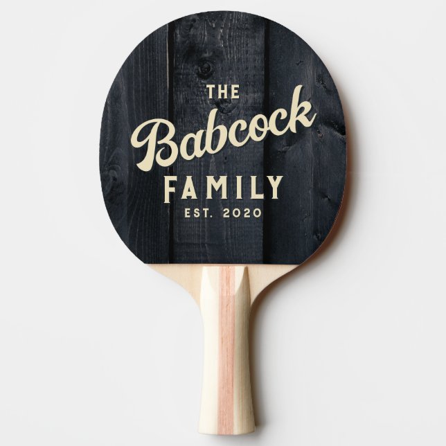 Dark Burnt Wood Retro Family Name & Year Ping Pong Paddle (Back)