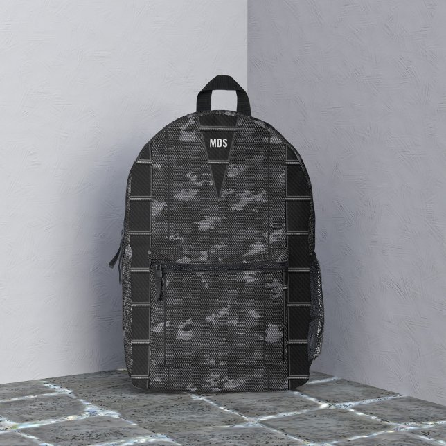 Dark Camouflage Monogram Printed Backpack (A dark gray camo backpack with space for your initials)