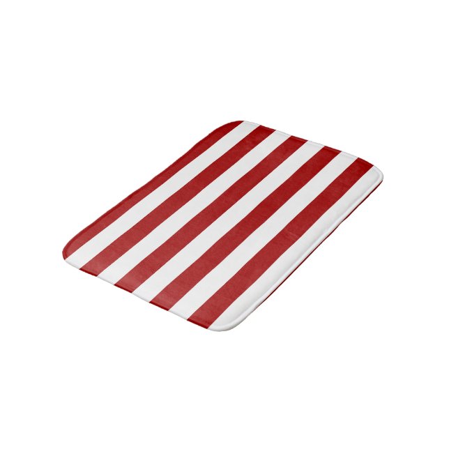 Dark Candy Apple Red and White Stripes Bath Mat (Angled)