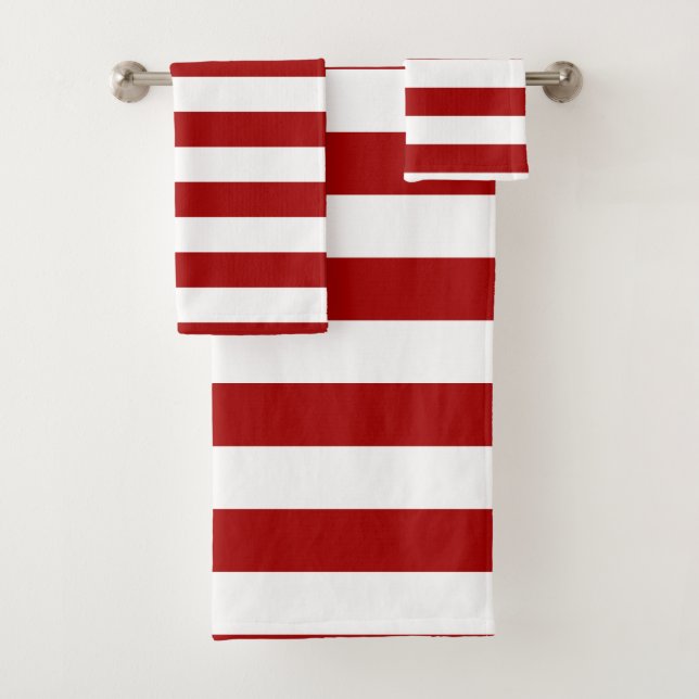 Dark Candy Apple Red and White Stripes Bath Towel Set (Insitu)