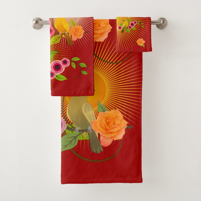 Dark Candy Apple Red Dew Drops & Sunshine Bath Towel Set (Insitu)