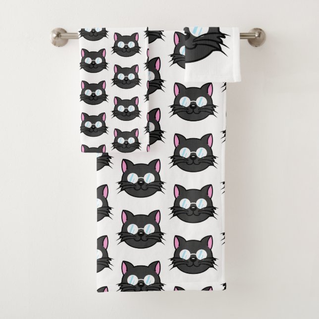 Dark Cat Black Cat Grey Cat Wearing Glasses Bath Towel Set (Insitu)