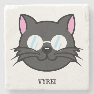 Dark Cat Black Cat Grey Cat Wearing Glasses Stone Coaster