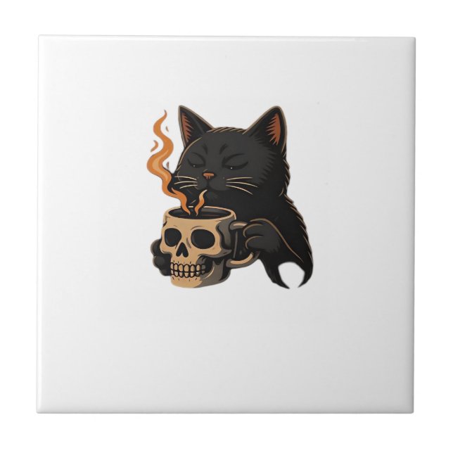Dark Cat Coffee With Skull Mug Oversized T-Shirt Ceramic Tile (Front)