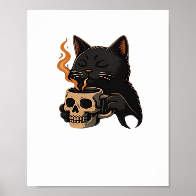 Dark Cat Coffee With Skull Mug Oversized T-Shirt Poster (Front)