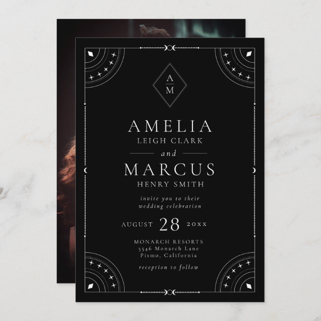 Dark Celestial Moon & Stars Wedding Invitation (Front/Back)