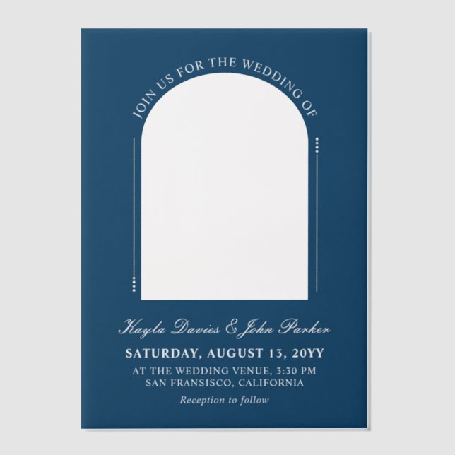 Dark Cerulean Arch Peekaboo Informal Wedding Vellum Invitations (Front)