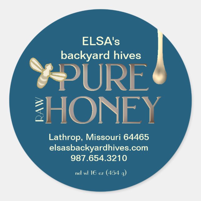 Dark Cerulean Honey Label with gold drip and bee (Front)