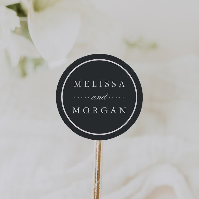 Dark Charcoal and White Personalised Wedding Classic Round Sticker (Creator Uploaded)