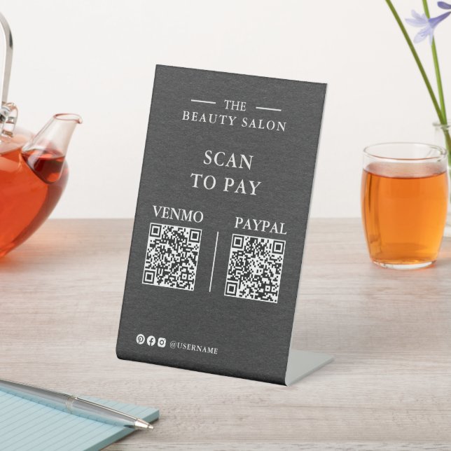 Dark Charcoal Dual QR Code Scan to Pay — Lash Tech Pedestal Sign (In SItu)