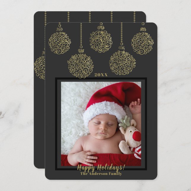 Dark Charcoal Gold Ornaments Modern Holiday Photo Invitation (Front/Back)