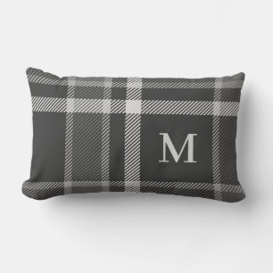 Dark Charcoal Gray Tartan Plaid with Monogram Lumbar Cushion