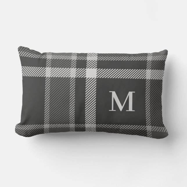Dark Charcoal Grey Tartan Plaid with Monogram Lumbar Cushion (Front)