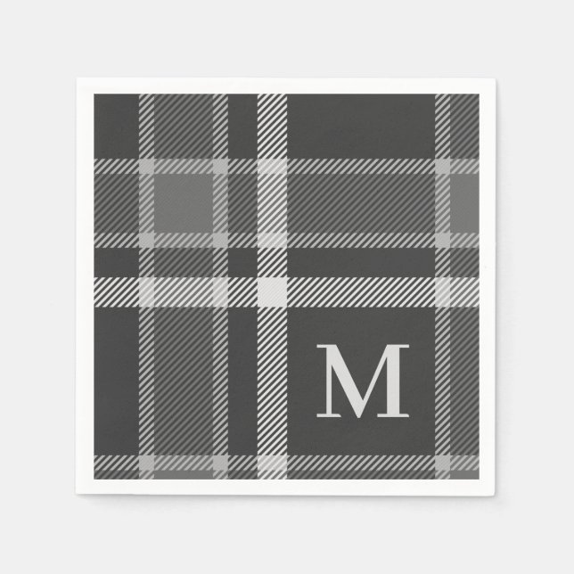 Dark Charcoal Grey Tartan Plaid with Monogram Napkin (Front)