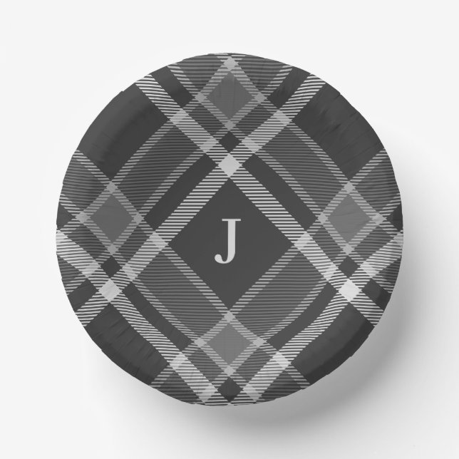 Dark Charcoal Grey Tartan Plaid with Monogram Paper Plate (Front)