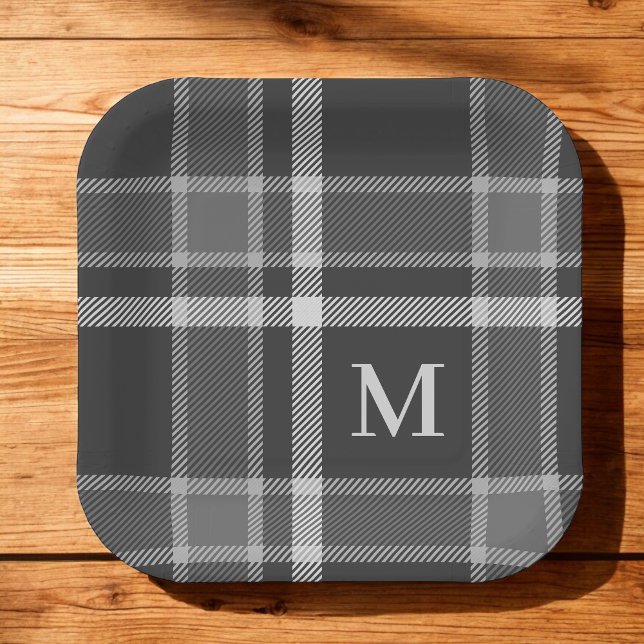 Dark Charcoal Grey Tartan Plaid with Monogram Paper Plate (Creator Uploaded)