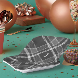 Dark Charcoal Grey Tartan Plaid with Monogram Paper Plate