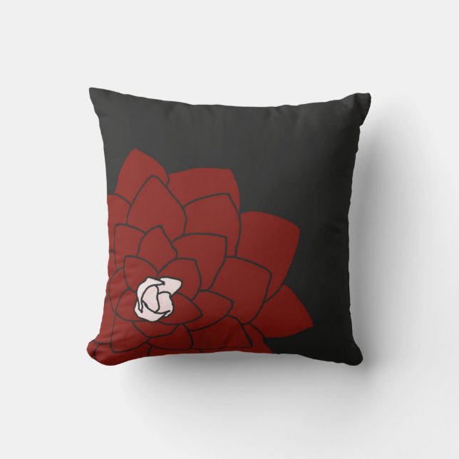 Dark Charcoal Throw Pillow with Red Flower (Front)