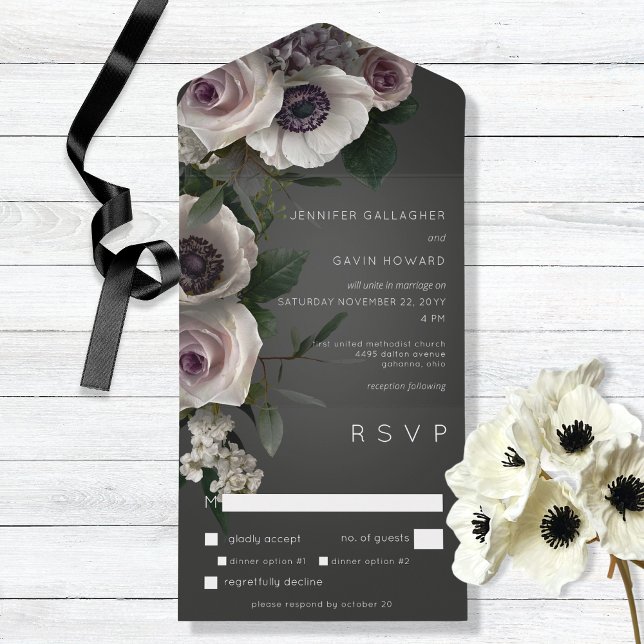 Dark Charcoal & White Floral Modern Dinner All In One Invitation (Creator Uploaded)