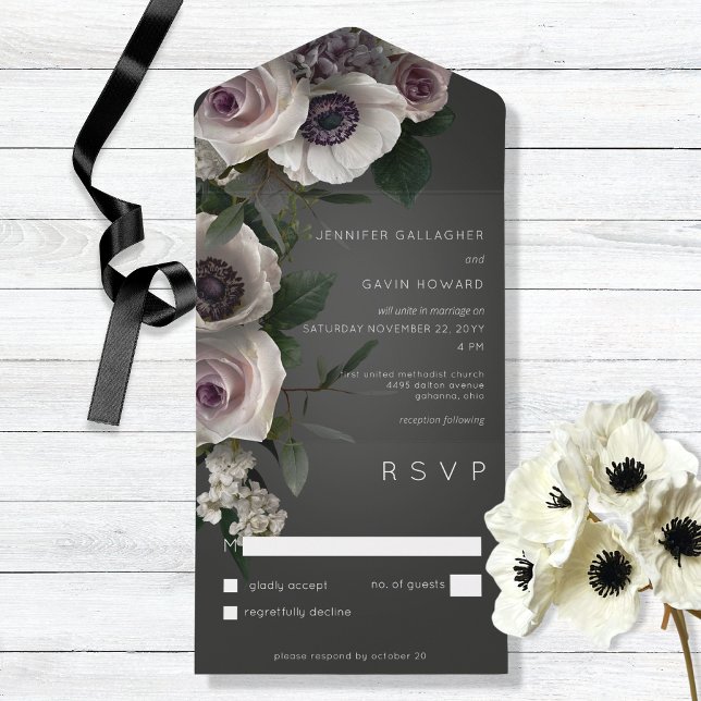 Dark Charcoal & White Floral Modern No Dinner All In One Invitation (Creator Uploaded)