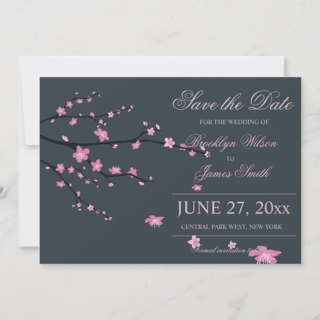 Dark Cherry Blossom Wedding Save The Date Cards (Front)