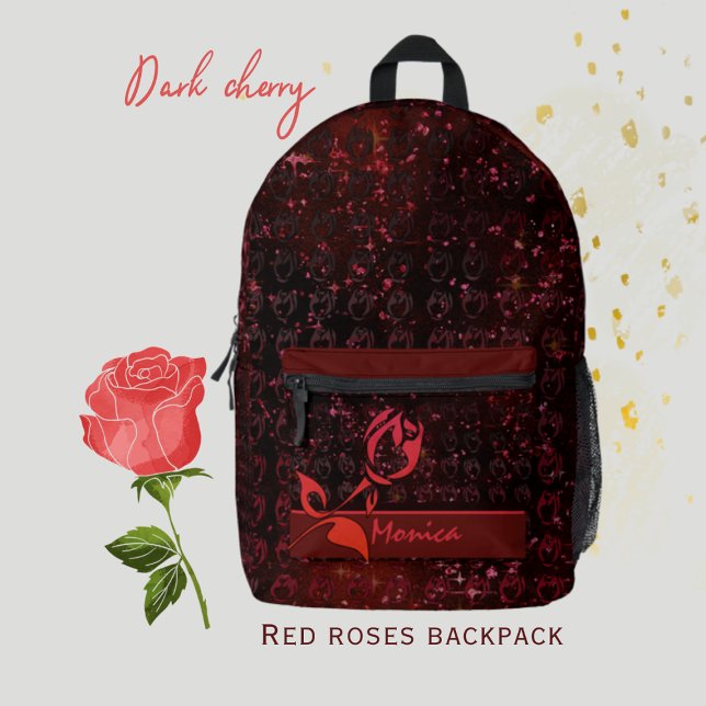 Dark Cherry Red Printed Backpack (Red Roses backpack 2
)