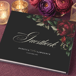 Dark chic gothic red green floral moody wedding guest book