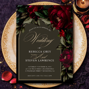 Dark chic gothic red green floral moody wedding  invitation