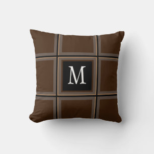 Dark Chocolate Brown Custom Single Initial Striped Cushion