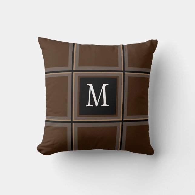 Dark Chocolate Brown Custom Single Initial Striped Cushion (Front)
