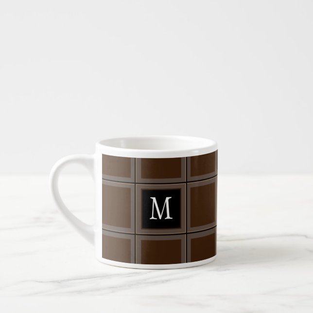 Dark Chocolate Brown Custom Single Initial Striped Espresso Cup (Left)