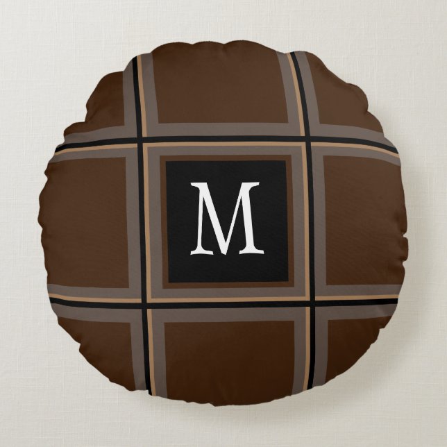 Dark Chocolate Brown Custom Single Initial Striped Round Cushion (Front)