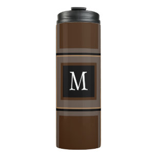 Dark Chocolate Brown Custom Single Initial Striped Thermal Tumbler