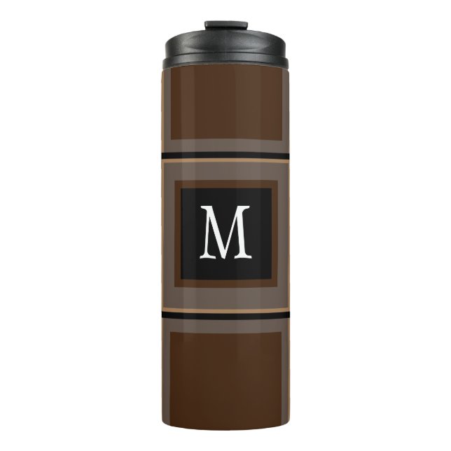 Dark Chocolate Brown Custom Single Initial Striped Thermal Tumbler (Front)