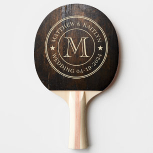 Dark Chopping Block Wedding Monogram Star Ping Pong Paddle