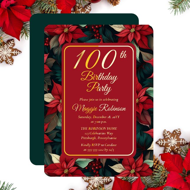 Dark Christmas Holiday Floral 100th Birthday Party (Elegant Dark and Moody Poinsettias Christmas and Holiday 100th Birthday Party Gold Foil Invitation)