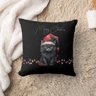 Dark Christmas Kitten Red and Plaid Cushion