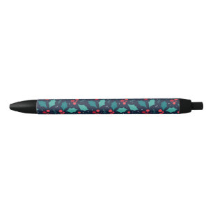 Dark Christmas Mistletoe and Leaf Pattern Black Ink Pen