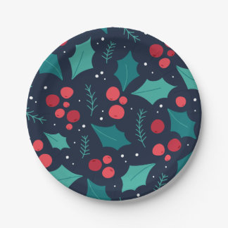 Dark Christmas Mistletoe and Leaf Pattern Paper Plate