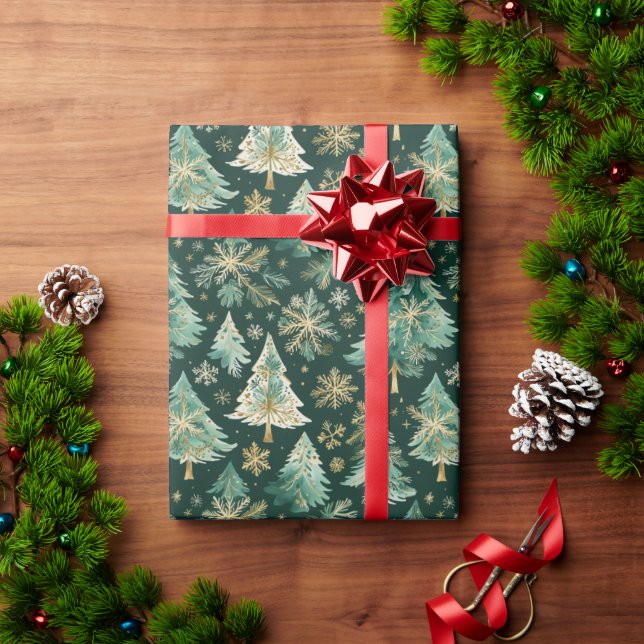 Dark Christmas Trees & Snowflakes Wrapping Paper (Holiday Gift)