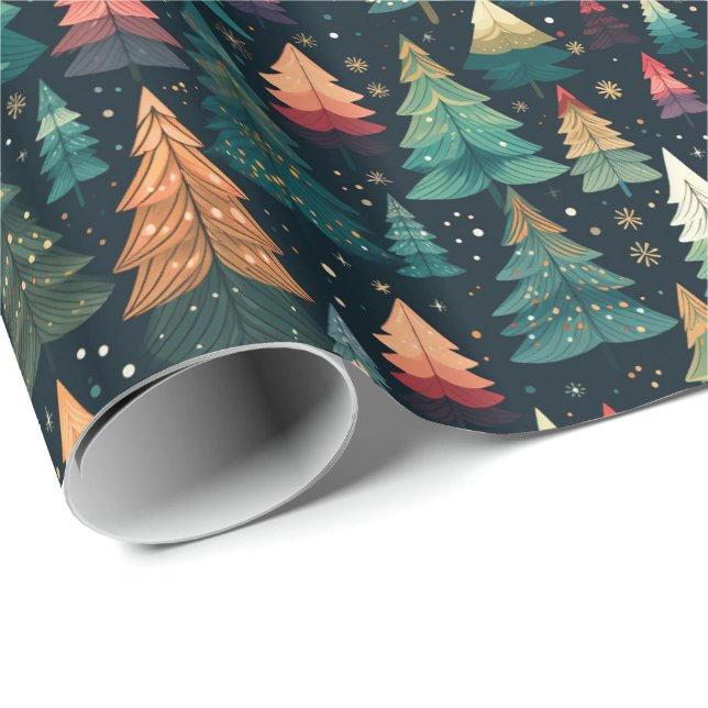 Dark Christmas Wrapping Paper With Colourful Trees (Roll Corner)