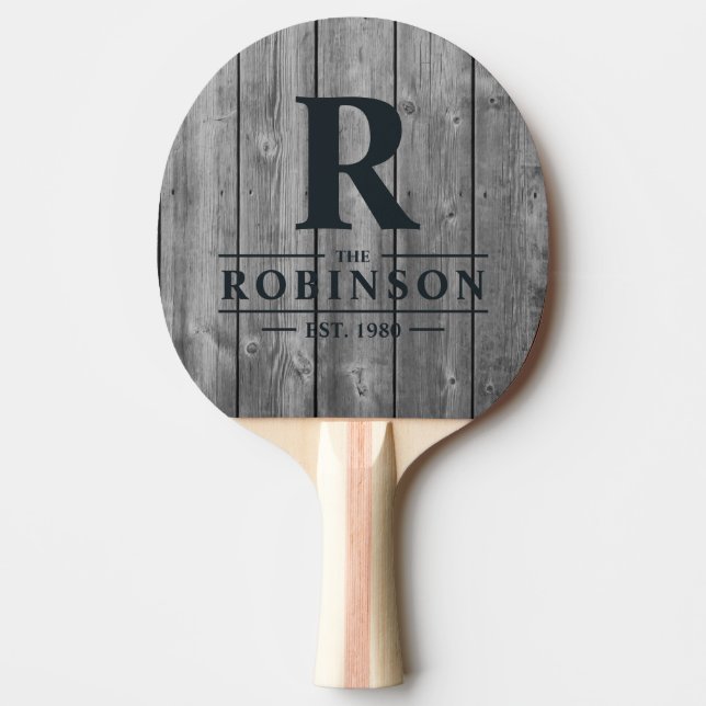 Dark Clean Gray Wood Family Name & Initial Ping Pong Paddle (Front)