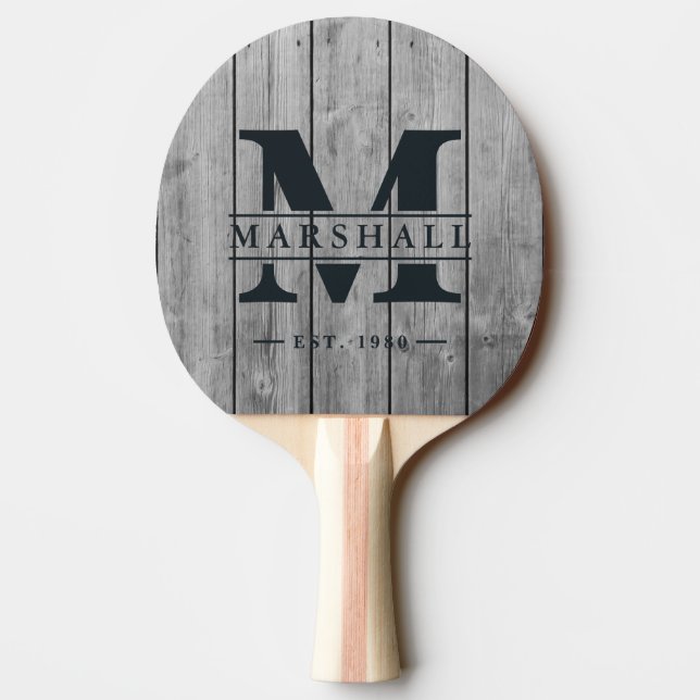 Dark Clean Grey Wood Monogram & Name Overlay Ping Pong Paddle (Back)