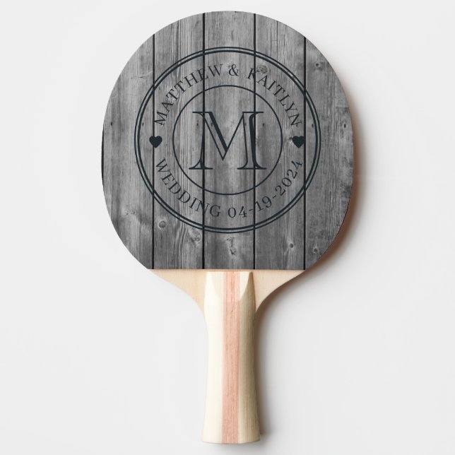Dark Clean Grey Wood Wedding Monogram Heart Ping Pong Paddle (Front)