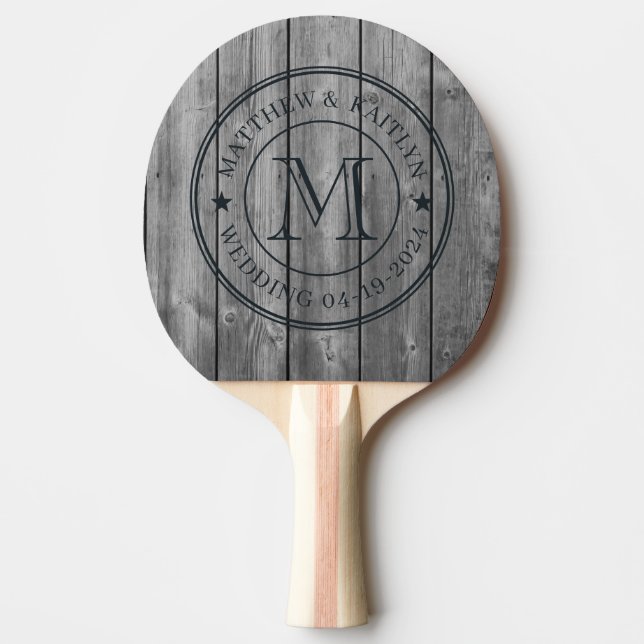 Dark Clean Grey Wood Wedding Monogram Star Ping Pong Paddle (Front)