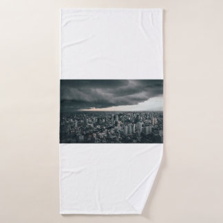 DARK CLOUD ABOVE CITY BUILDINGS BATH TOWEL