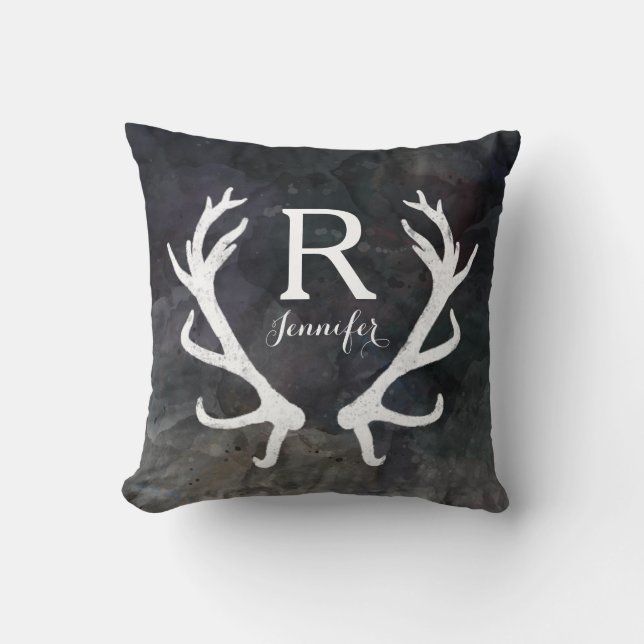 Dark Colour Watercolor, Rustic Deer Antler Cushion (Front)